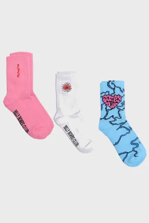 BILLY BONES CLUB BONES 3 PACK SOCKS - WHITE/BLUE/PINK