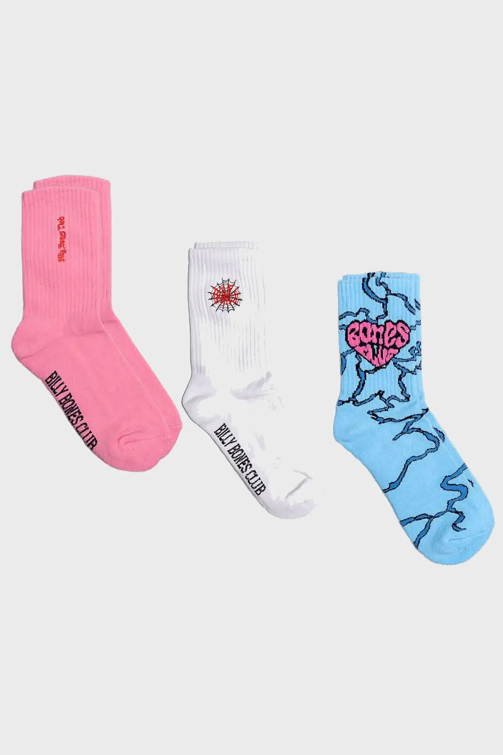 BILLY BONES CLUB BONES 3 PACK SOCKS - WHITE/BLUE/PINK