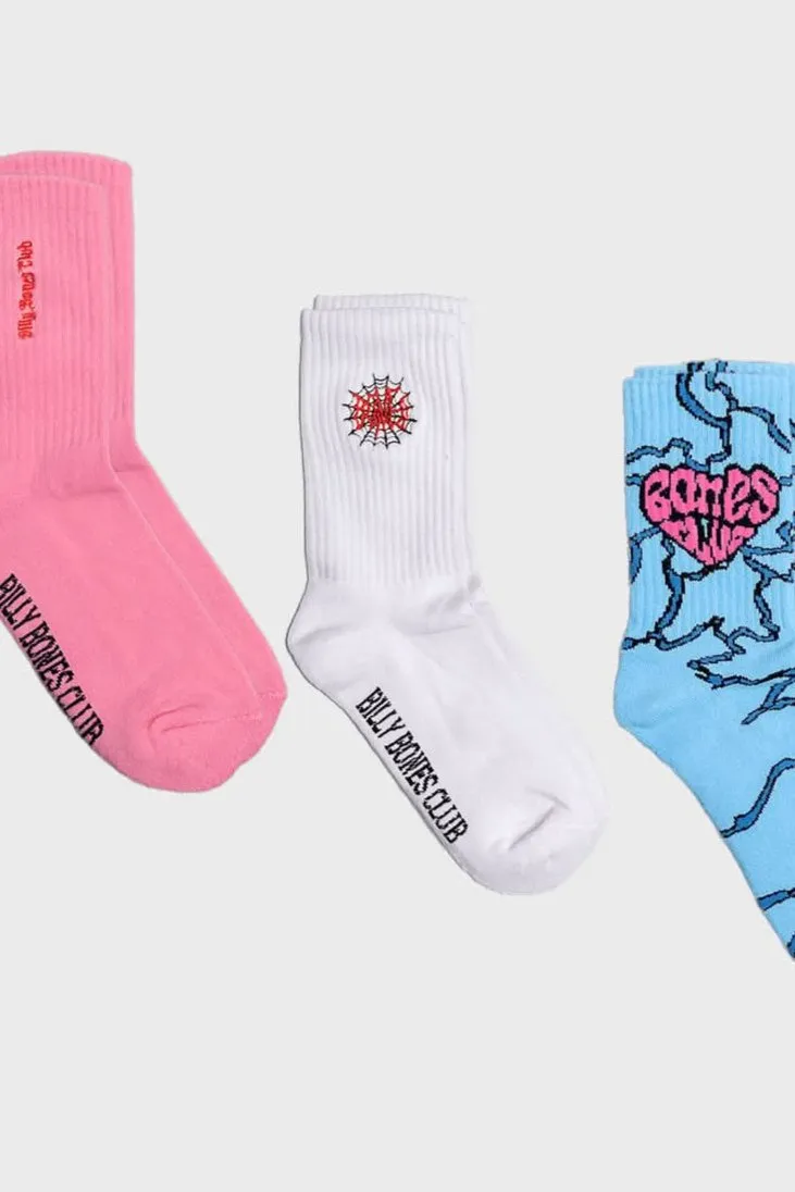 BILLY BONES CLUB BONES 3 PACK SOCKS - WHITE/BLUE/PINK