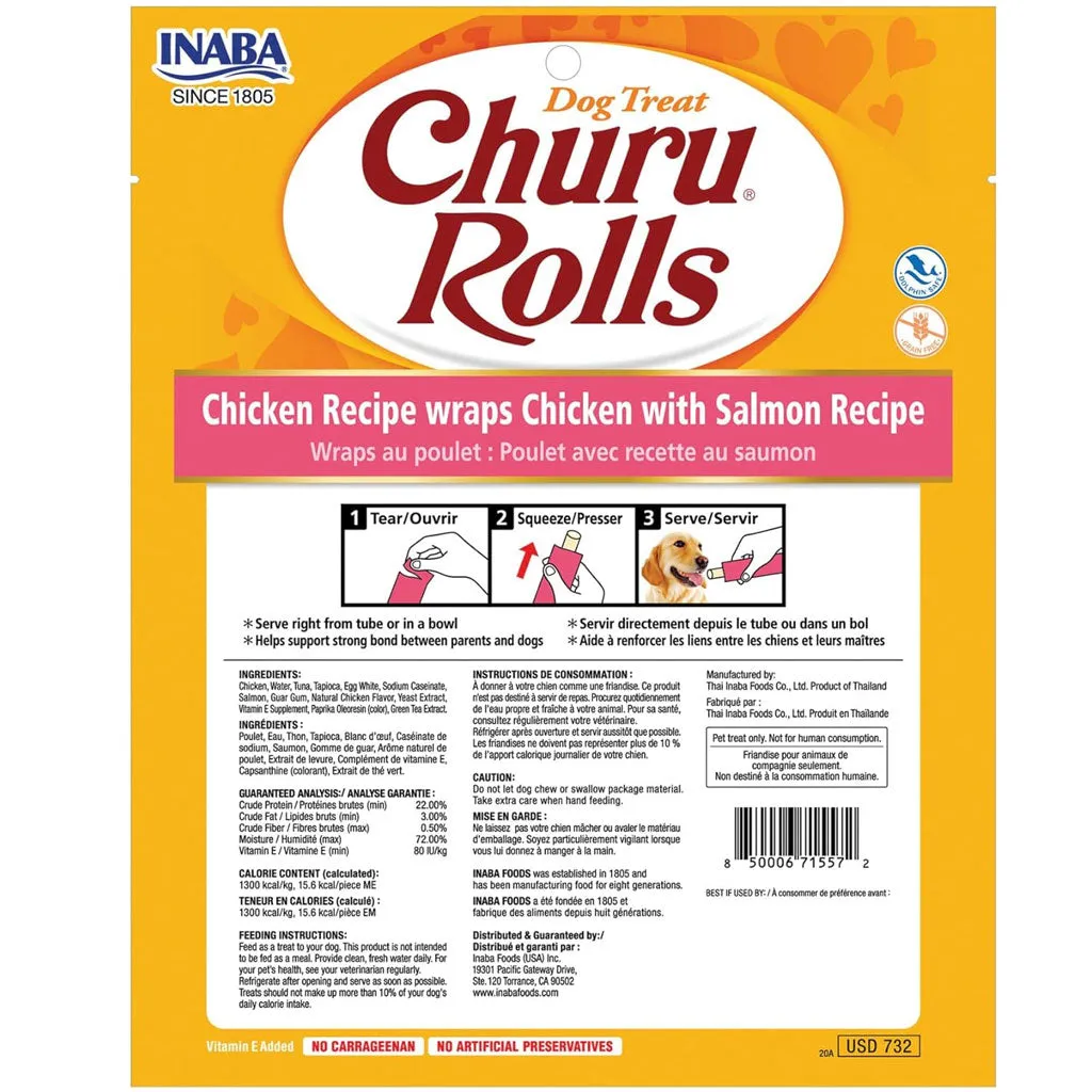 Inaba Churu Rolls Chicken Recipe wraps Chicken with Salmon Dog Treats, 0.42-oz x pack of 8 Tubes